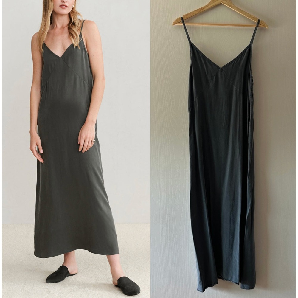 Jenni Kayne Charcoal Rio Slip Dress Size Small Grey Cupro Viscose Midi V-Neck